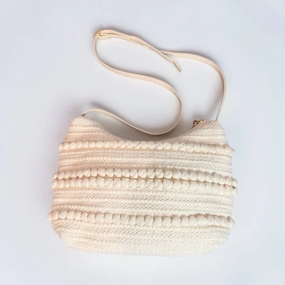 H&M Macramé Woven Crossbody Bag Cream Ivory Boho Textured Knot Detail - Picture 2 of 5